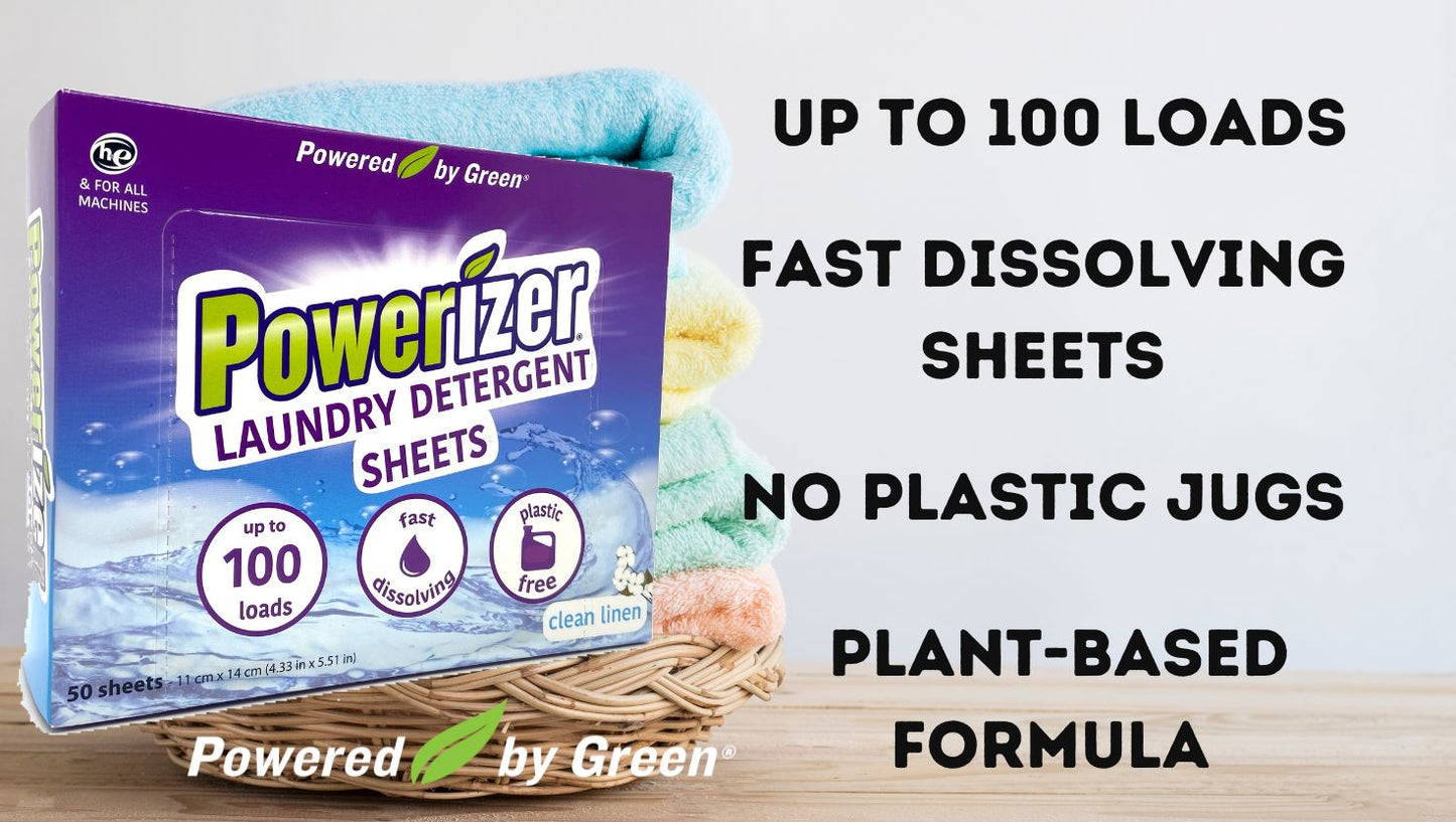 Powerizer Laundry Detergent Sheets – Up to 100 Loads |Eco-Friendly, Biodegradable, Plant-Based, Concentrated, No Plastic Jugs