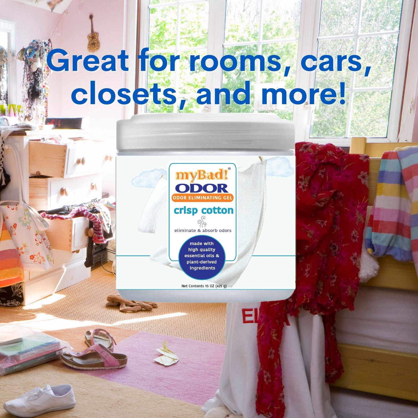 my Bad! Odor Eliminator Gel 15 oz - Crisp Cotton (2 PACK) Air Freshener - Eliminates Odors in Bathroom, Pet Area, Closets