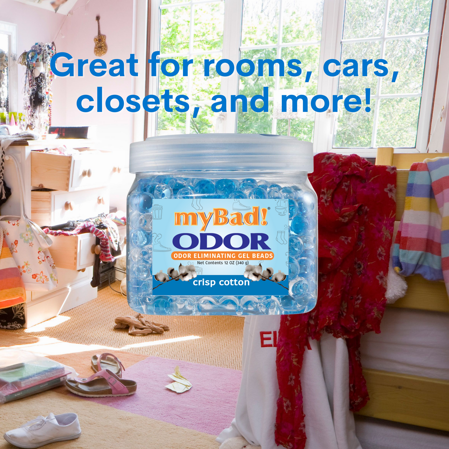 my Bad! Odor Eliminator Gel Beads 12 oz - Crisp Cotton (6 PACK) Air Freshener - Eliminates Odors in Bathroom, Pet Area, Closets