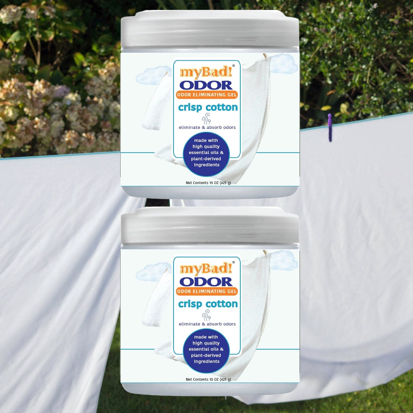 my Bad! Odor Eliminator Gel 15 oz - Crisp Cotton (2 PACK) Air Freshener - Eliminates Odors in Bathroom, Pet Area, Closets