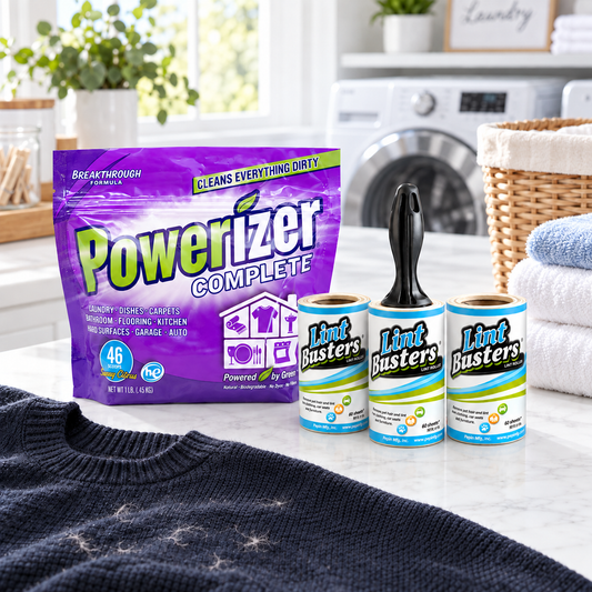 Powerizer 1 lb and Lint Busters bundle displayed in a bright laundry room