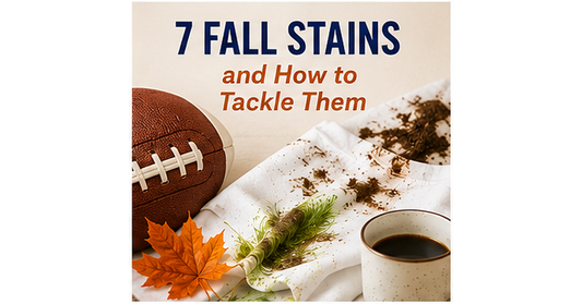 Fall stain removal guide featuring mud, grass, coffee and seasonal stains