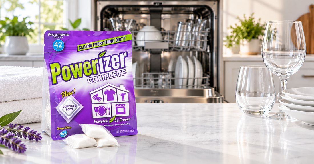 Powerizer Complete Pods package beside an open automatic dishwasher