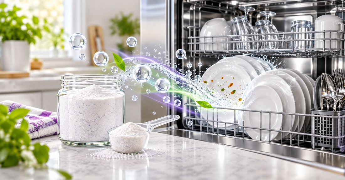 Dishwasher powder with oxygen bubbles beside sparkling clean dishes in an open dishwasher