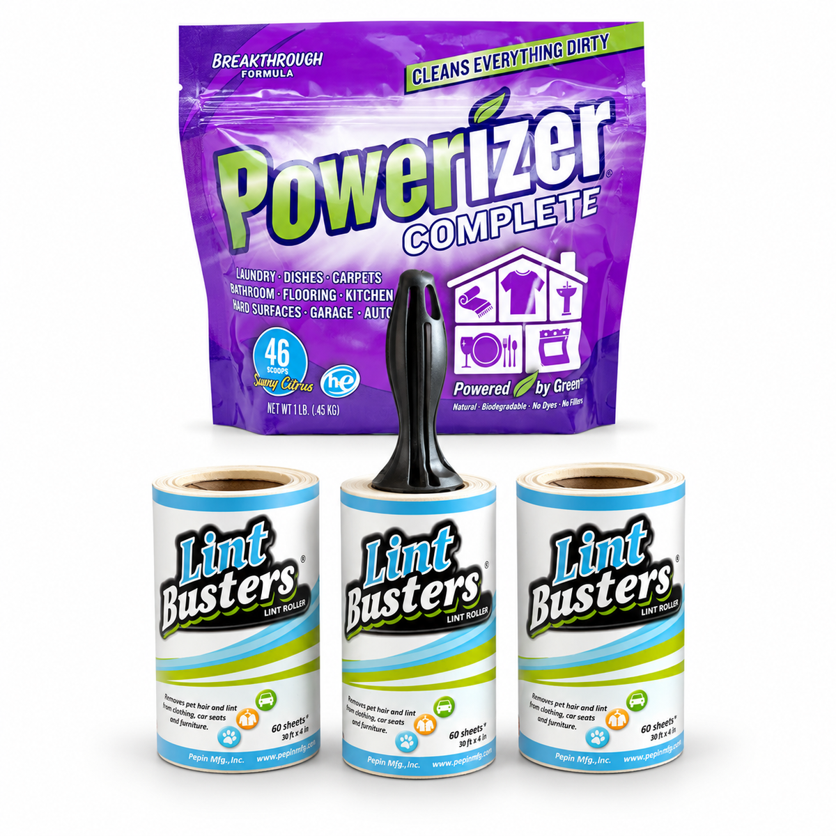 Powerizer 1 lb 46-load cleaner with one Lint Busters roller and two refill rolls