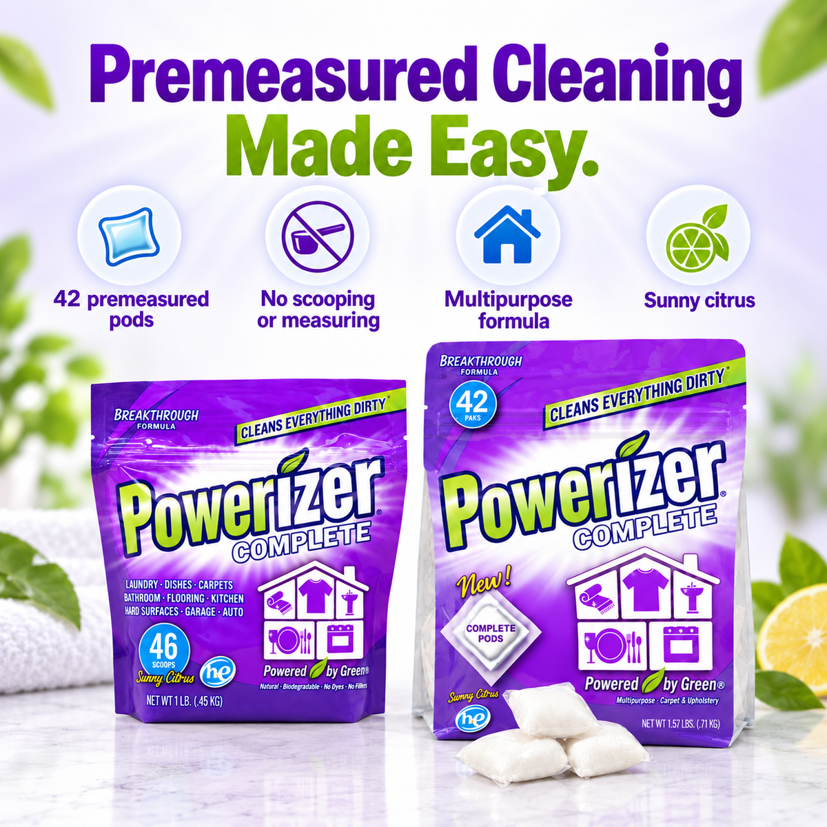 Powerizer 42-count Pods bundle featuring convenient premeasured multipurpose cleaning pods