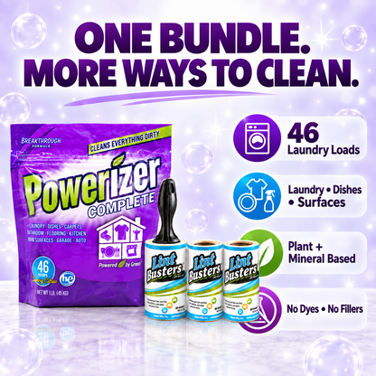 Powerizer and Lint Busters bundle benefits including 46 loads, multiple uses and plant and mineral based formula