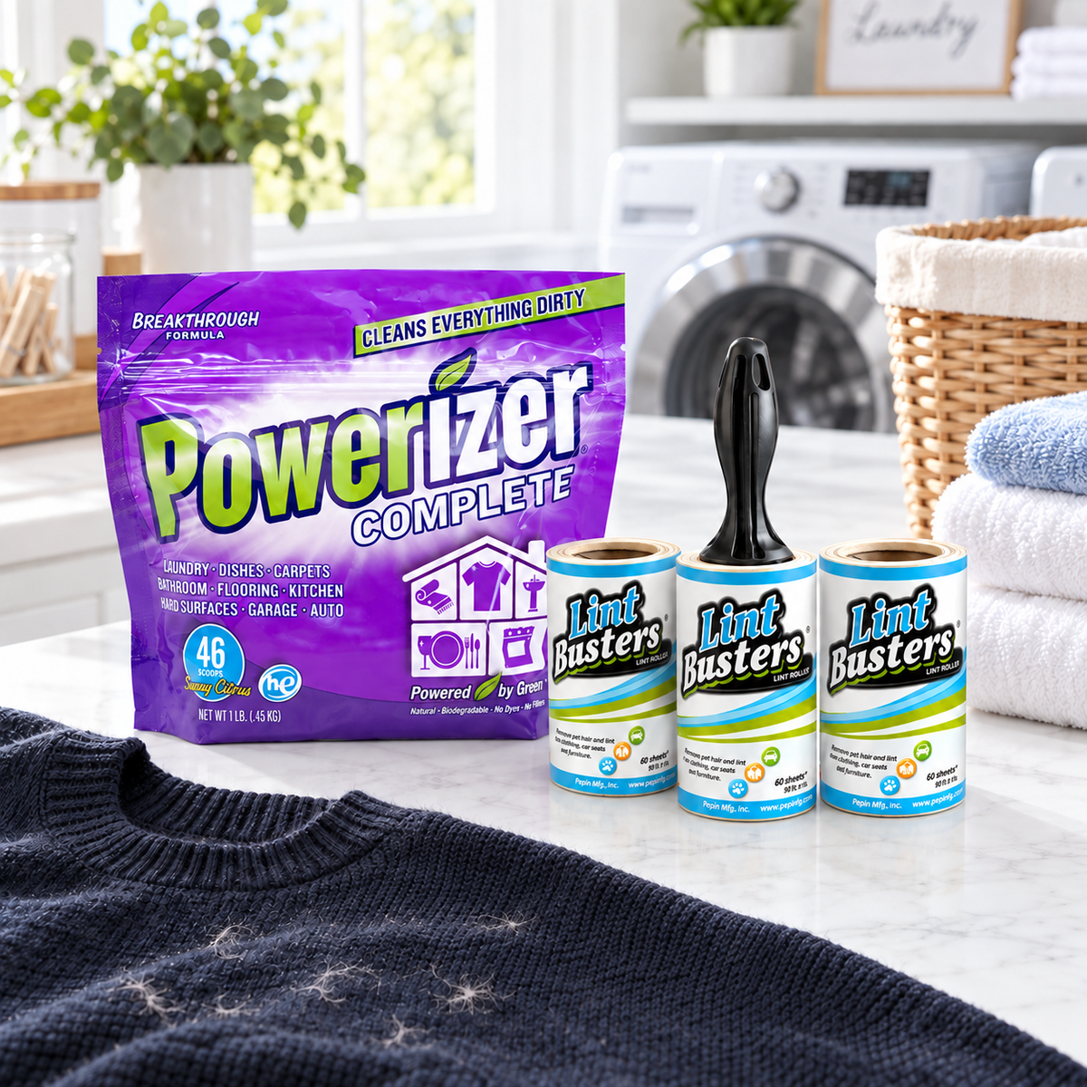 Powerizer 1 lb and Lint Busters bundle displayed in a bright laundry room