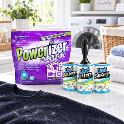 Powerizer 1 lb and Lint Busters bundle displayed in a bright laundry room
