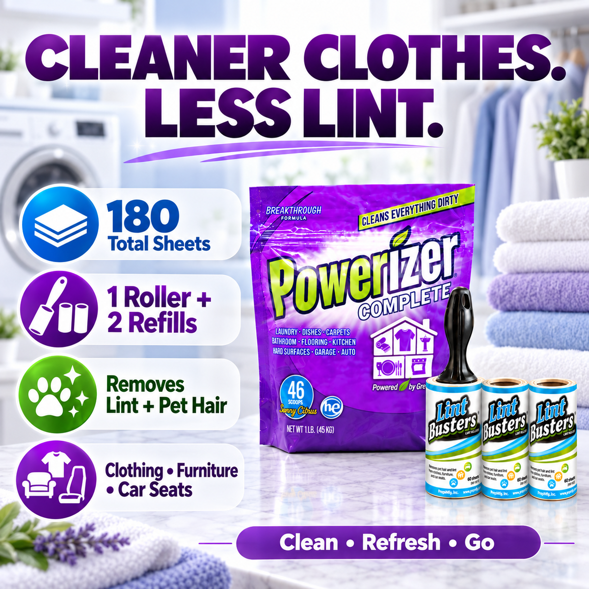 Powerizer and Lint Busters bundle with 180 sheets for removing lint and pet hair from clothing, furniture and car seats