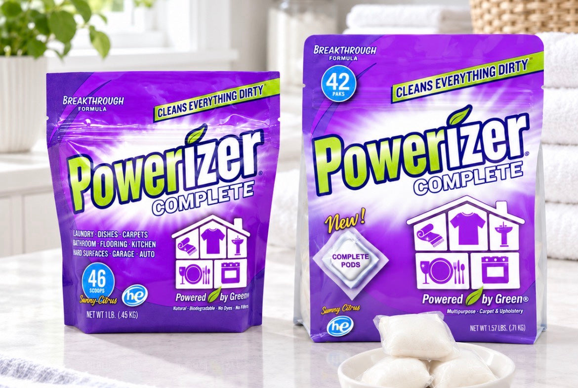 Powerizer Complete powder and premeasured Pods bundle displayed in a bright laundry room