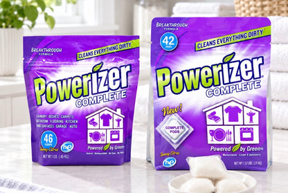 Powerizer Complete powder and premeasured Pods bundle displayed in a bright laundry room