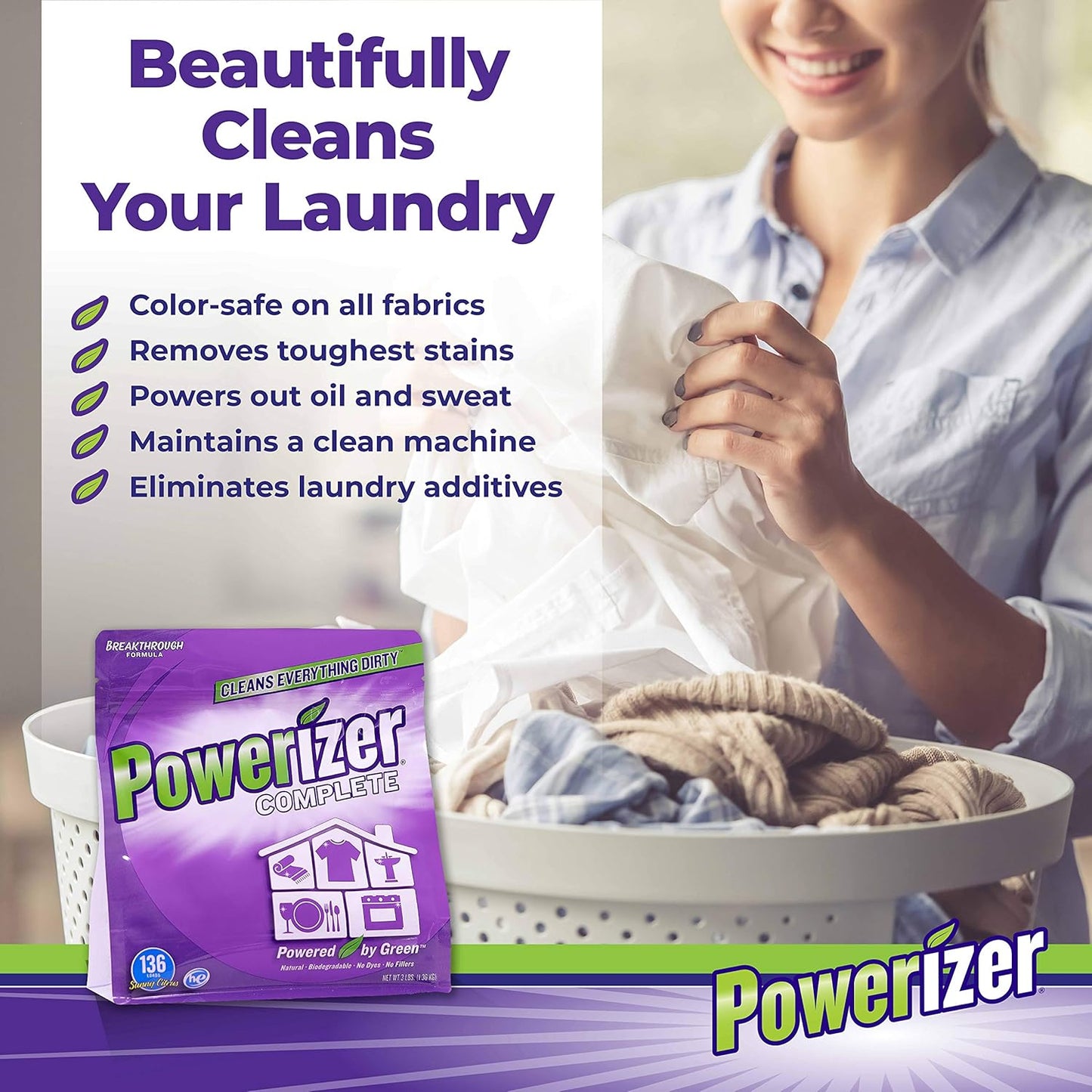 Powerizer Complete All-Natural Detergent Powder, 3lb + Squirt Bottle
