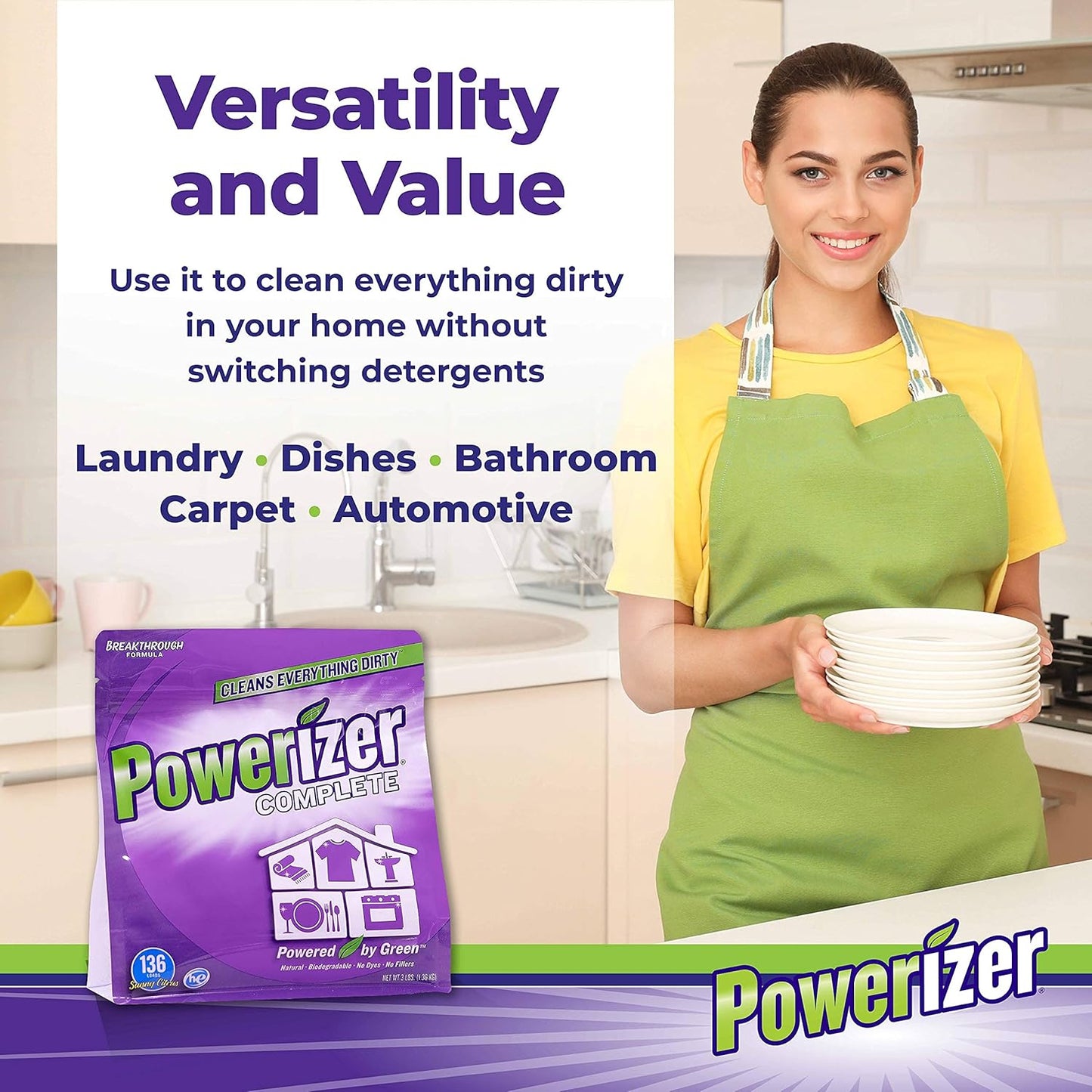 Powerizer Complete All-Natural Detergent Powder, 3lb + Squirt Bottle